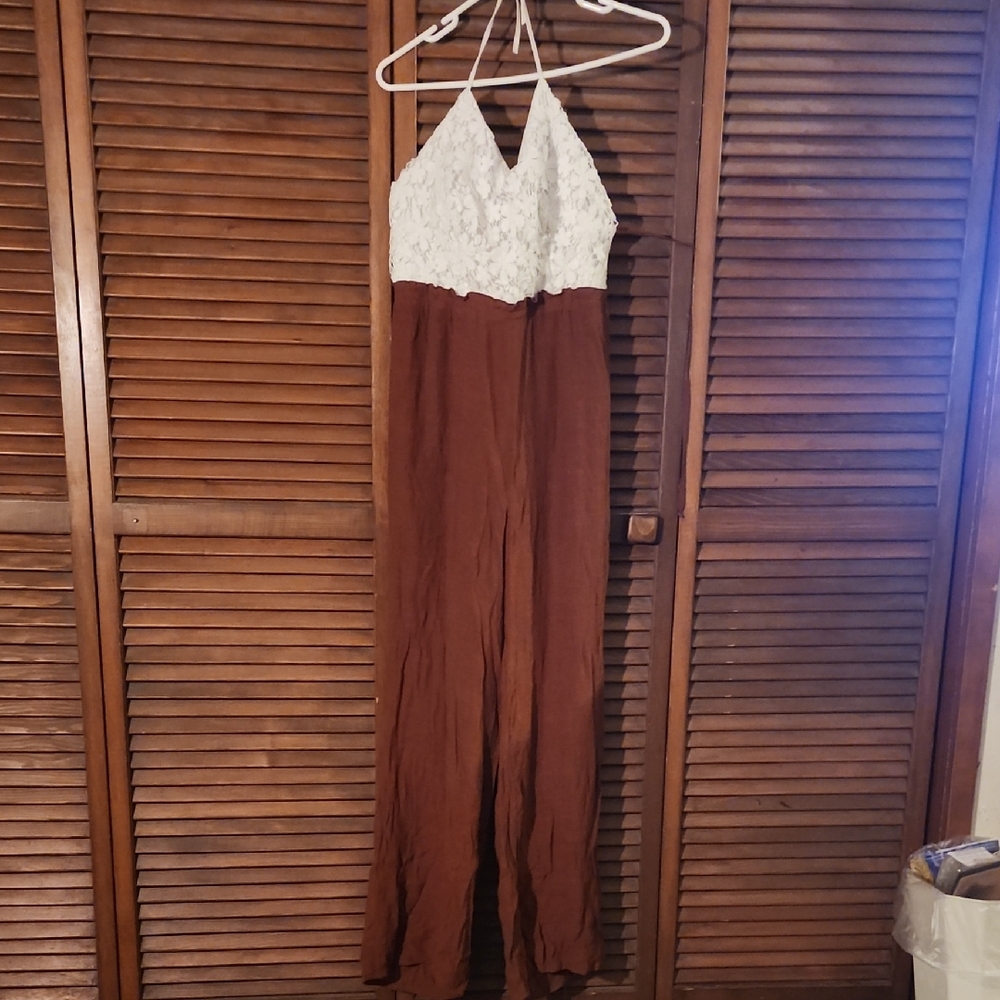 Mind Code Brown and White Halter Jumpsuit